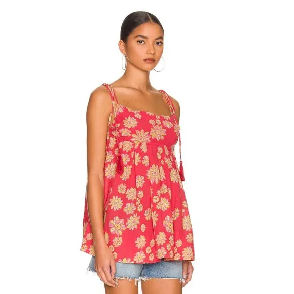 Free People Indigo Molly Tunic Tank Top Blouse Floral Boho Oversized Tie Tassel - Picture 3 of 14